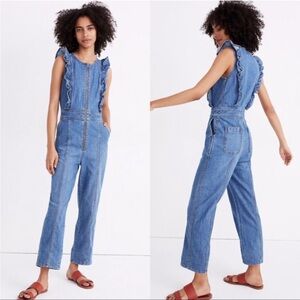 Madewell Denim Ruffle-Sleeve Zip-Front Jumpsuit
